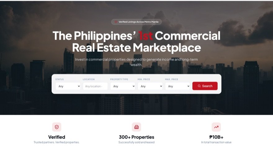 CommRey homepage — commercial real estate marketplace for the Philippines